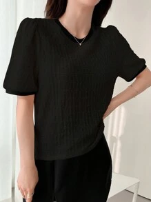 Dazy Designer Camiseta de mujer con bloques de color y textura, manga abullonada y cuello redondo