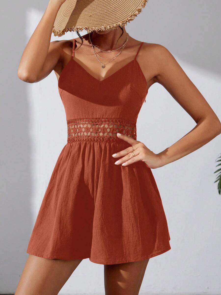 SHEIN Tall 女款純色蕾絲拼接休閒無袖連身褲，夏季款 - 鏽棕色 - 查看 1