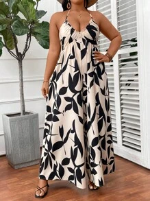 SHEIN CURVE+ Plus Size Green Leaf Print Halter Neck Tied Jumpsuit, Beach Resort Casual Boho Vacation