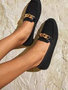 CUCCOO BASICS Chain Decor Stitch Detail Flat Loafers Vacation Shoes Summer - Black - View 7