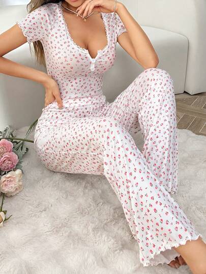 CottageSlumber CottageSlumber Ditsy Floral Half-Button Decoration Short Sleeve Top And Casual Pants Pajama Set White Set Bridallingerie