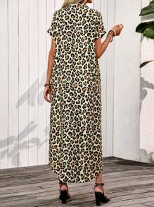 SHEIN LUNE Women's Leopard Print V-Neck Short Sleeve Dress - Multicolor - View 2