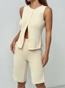 SHEIN Essnce Frauen Sommer Ärmellos Cardigan & Bermuda Shorts, Lässig Sport 2 Stücke Set - Aprikosenfarben - Übersicht 4