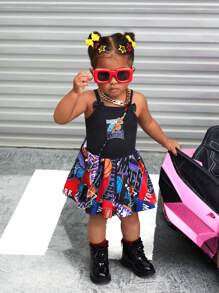 SHEIN New Fashionable Summer Baby Girls' Digital-Printed Knit Dress With Patchwork, Woven Patterns And Matching Accessories