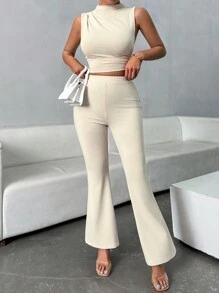 SHEIN Essnce Ladies Casual Apricot Simple & Basic Daily Sleeveless Summer Women Tops Tanks Women & Skinny Flared Pants Two Pieces Airport Outfit Set Old Money Outfits Sets Summer Women  Sets Comfy Sets