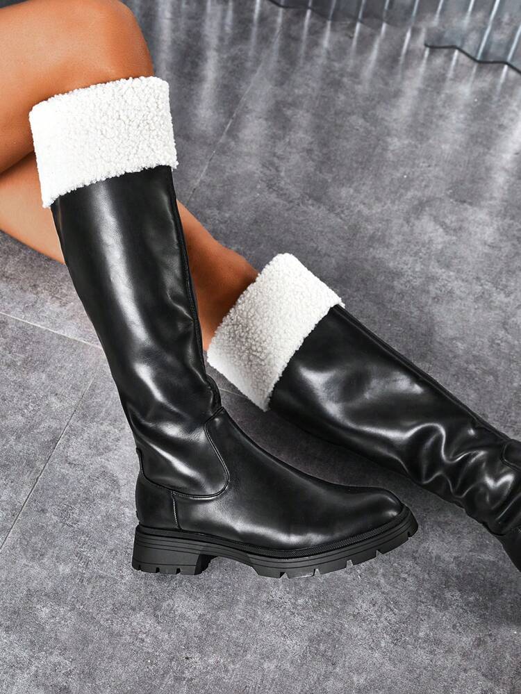 Woman Shoes Fashion PU Leather Winter Outdoor Thermal High-Cut Black Versatile Boots