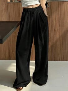 DAZY 女士褶皱纯色阔腿休闲商务裤 - 黑色 - 查看 5