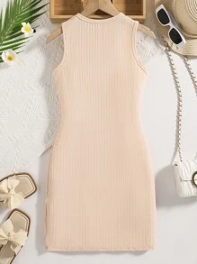 Tween Girl Palm Tree Printed Knitted Sleeveless Dress, Breathable And Light For Summer Vacation,Holiday,Summer,Travel - Apricot - View 2