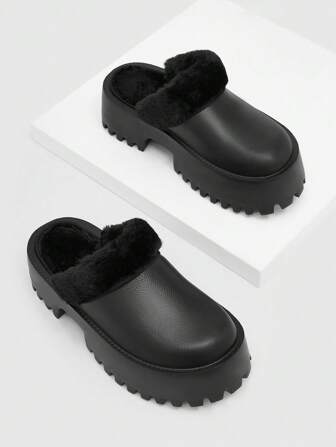 Cuccoo 女性時尚外露楔形跟厚底擦腳黑色毛茸茸鞋，度假鞋夏季促銷