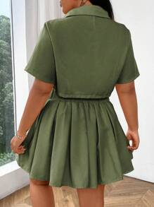 Flirla Plus Size Single-Breasted Solid Color Short Sleeve Top And Pleated Mini Skirt Set