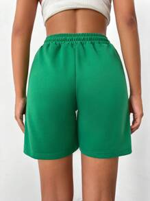 Cottnline Slogan Graphic Drawstring Waist Track Shorts - Green - View 2