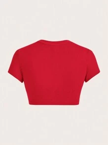 SHEIN ICON Women T-Shirts Rib-Knit Plain Casual - Merah - View 2