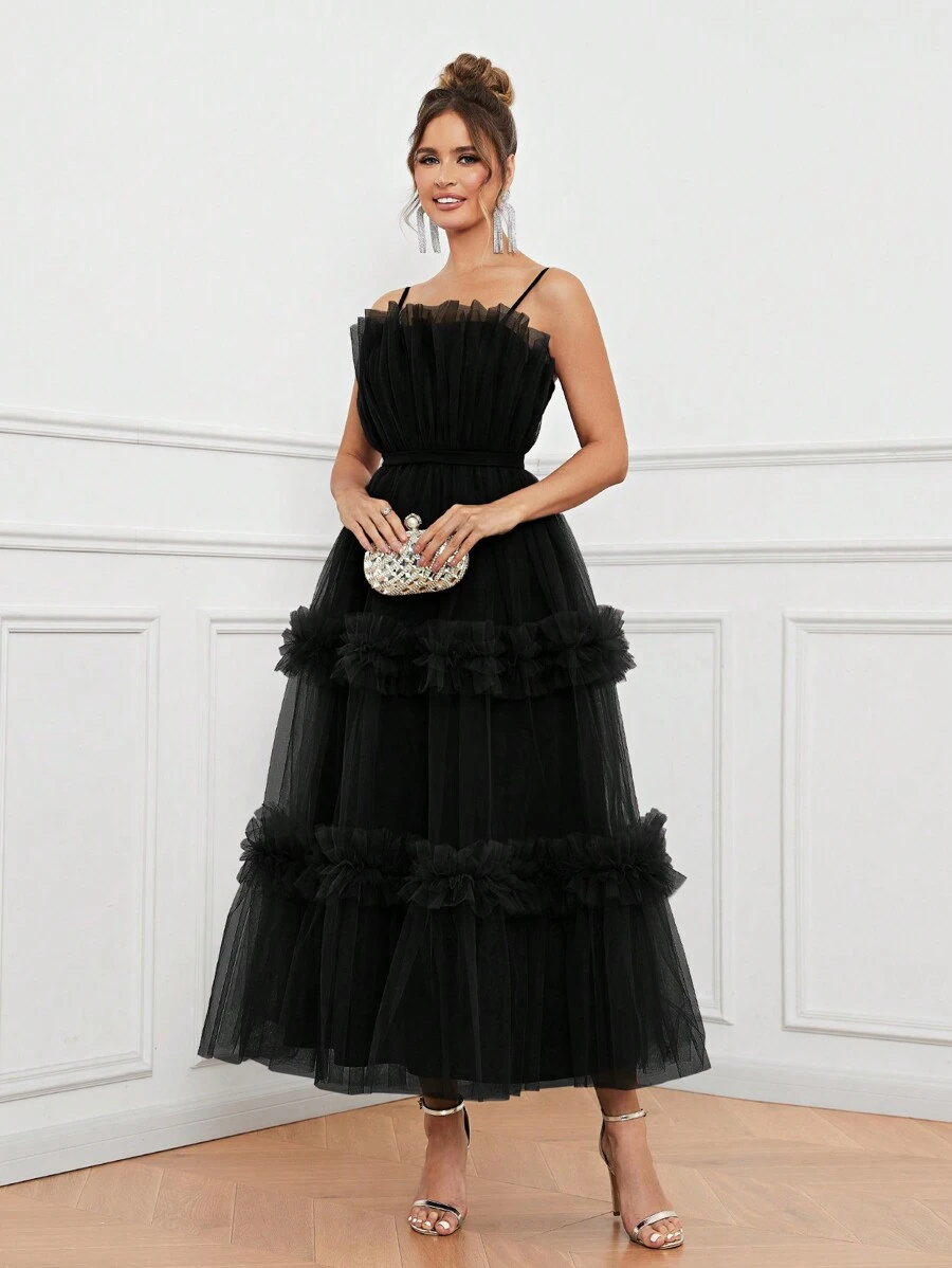 SHEIN Belle Elegant Ruched Ruffle Hem A-Line Women's Evening Dress With Spaghetti Straps (Heavy Version) Prom Semi Formal Wedding Guest Dress, For Birthday, Graduation, Homecoming Party Dress - Black - View 1