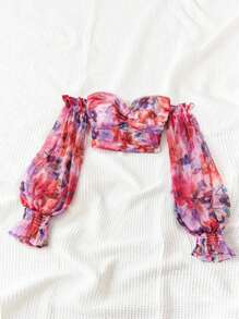 Dreamara Plus Size Women's Romantic Casual Easter/Graduation/Wedding/Back To School Party Lunch Garden Tea Cute Watercolor Floral Print Off Shoulder Twist Blouse, Organza Fabric - Multicolor - View 6