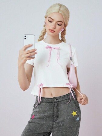 SHEINNeu Summer Crop Tops Summer Clothes White Top Crop Women Tops White Crop Tops Pink Bow