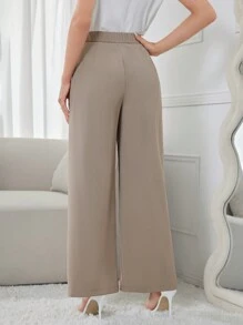 Modelyn 女式纯色阔腿裤，带口袋，优雅 - 卡其色 - 查看 3