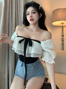DAZY Áo cánh tay ngắn phối ren vá ngày lễ tình nhân dành cho nữ mùa hè, áo kiểu dáng preppy xếp nếp - màu đen - Xem 12