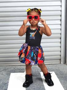 SHEIN New Fashionable Summer Baby Girls' Digital-Printed Knit Dress With Patchwork, Woven Patterns And Matching Accessories