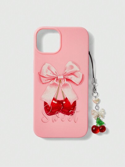 Kawaii 1pc Pink Glossy Butterfly Cherry Pattern Phone Case Compatible With Apple IPhone 11/12/13/14/15 Pro Max