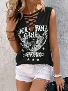 EMERY ROSE Women's Simple Daily Cross V-Neck Printed Tank Top Graphic Tees Women Tops - Black - View 5