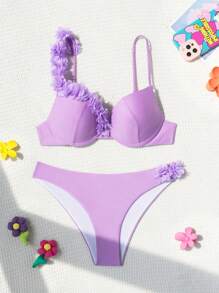 Swim SXY Women's Solid Color Patchwork 3D Flower Bikini Set For Summer Beach, Push-Up And Underwire - Purple - View 4