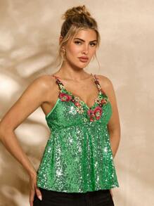 Zolique Women's Glittery Flower Music Festival Style Camisole Top - Green - View 1
