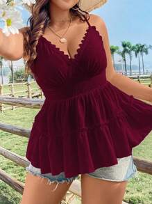 Sunnyshic Plus Size Women's Solid Color Simple Daily Splice Lace Camisole Top