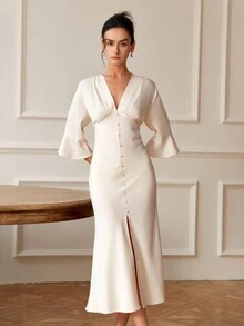 Women's Elegant V-Neck Flared Sleeve Split Hem Solid Color Dress, Suitable For Evening Dates, Vacation, Business Casual, Spring/Summer