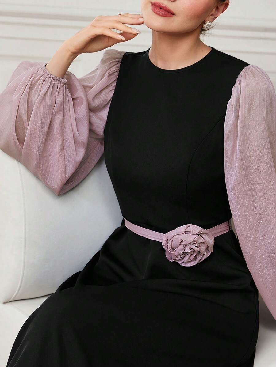 Modelyn 女士圓領燈籠袖束腰阿拉伯風格連衣裙，優雅3D花卉設計 - 彩色 - 查看 1