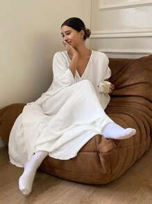 Livesso Vintage V-Neck Home Wear Dress With Design Element, Moo Moo Lounge Dress, Fall Pajama