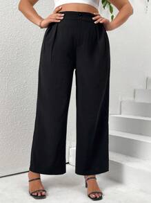 SHEIN Essnce Women's Plus Size Black Pleated Leisure Daily Pants - Black - View 4