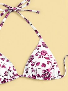 SHEIN Swim 女士夏季海灘花印頸掛式性感比基尼套裝，搭配裙子和印花(隨機)三件套