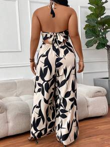 SHEIN CURVE+ Plus Size Green Leaf Print Halter Neck Tied Jumpsuit, Beach Resort Casual Boho Vacation