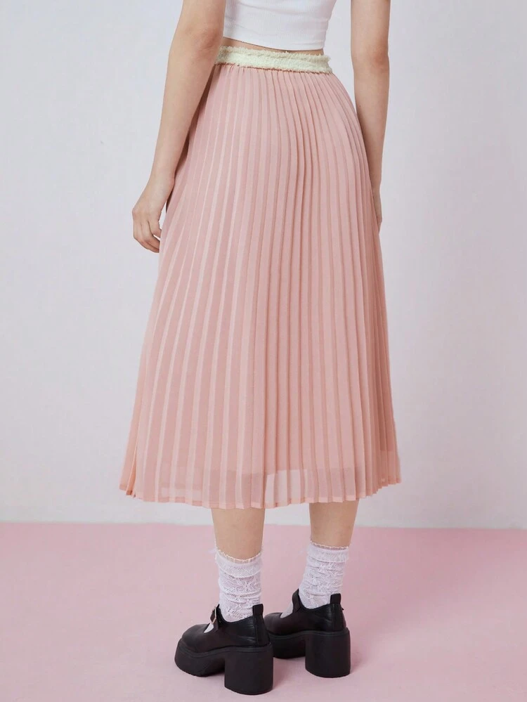 SHEINNeu Women's Contrast Raw Edge High Waist Pink Pleated Skirt