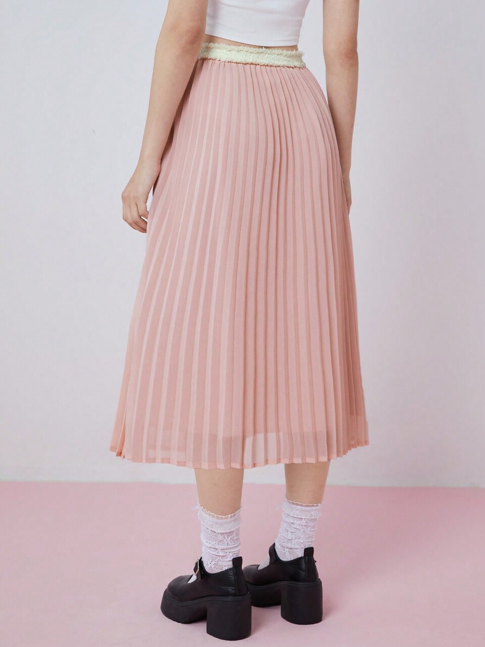 SHEINNeu Women's Contrast Raw Edge High Waist Pink Pleated Skirt
