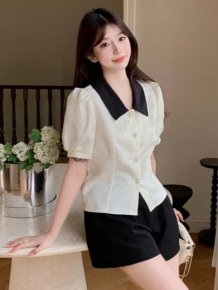 Women's Summer Casual Color Block Collar Puff Sleeve Blouse