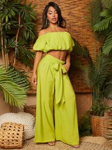 SHEIN SXY 夏季两件套服装：抹胸上衣和苹果绿腰系带阔腿裤沙滩度假女装女士两件套 - 綠色 - 查看 4