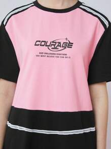 SHEINNeu SHEINneu Women's Summer Contrast Color Split Casual Sports Slogan Printed Round Neck Short-Sleeved T-Shirt