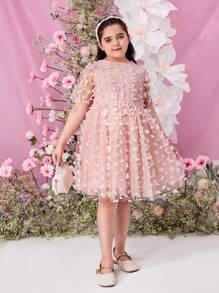 SHEIN Elegant &  Woven Jacquard Mesh Round Neck Short Sleeve Dress For Tween Girls, Spring/Summer