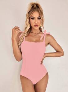 SHEIN Swim Women's Summer Beach Solid Color Shoulder Knot Casual One-Piece Swimsuit - Pink - View 3