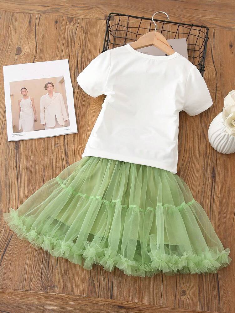 Young Girl 3D Flower T-Shirt + Mesh Ladylike Skirt Set, Summer