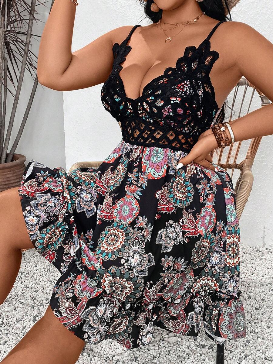 SHEIN VCAY 大尺碼蕾絲修邊細肩帶假日裙 - 彩色 - 查看 1