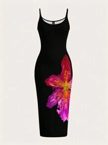 SHEIN EZwear 大码女式简约大号花卉印花紧身休闲吊带长裙适合夏季 - 白色 - 查看 1