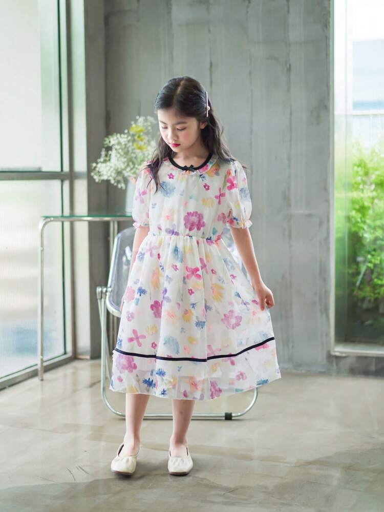 Raised Flower Mesh Puff Sleeve Dress With Bow Collar For Tween Girls