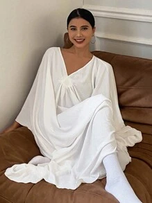 Livesso Vintage V-Neck Home Wear Dress With Design Element, Moo Moo Lounge Dress, Fall Pajama