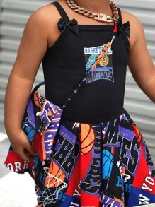 SHEIN New Fashionable Summer Baby Girls' Digital-Printed Knit Dress With Patchwork, Woven Patterns And Matching Accessories