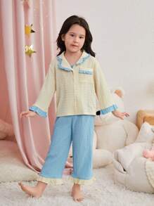 SHEIN Kleine Mädchen Prinzessin Stil Farbblock gestricktes Pyjama Set mit Spitzen Dekoration, Langarm Top und Hose, 2 Stücke
