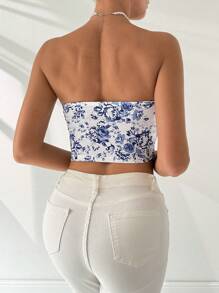 SHEIN Privé Women's Elegant Floral Printed Contrast Lace Tight-Fitting Strapless Top For Summer Daily Wear, Vacation, Romantic Date, Party, And Music Festival - Blue - View 2