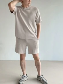 DAZY 男士夏季純色圓領短袖休閒T恤和短褲套裝 - 杏色 - 查看 7