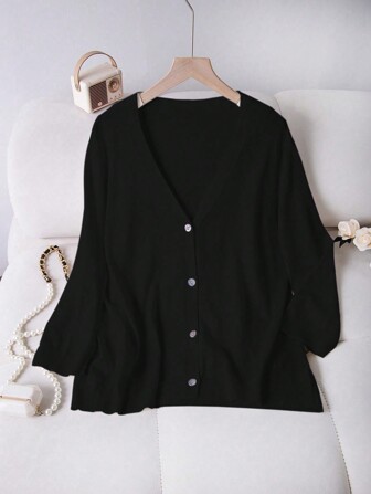 SHEIN LUNE Plus Size Women's Solid Color Long Sleeve Single-Breasted Casual Cardigan, Spring/Summer